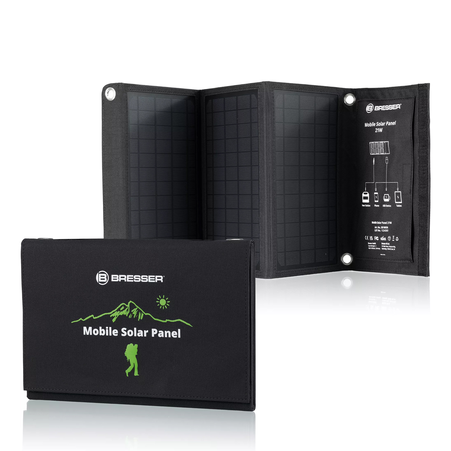 Cargador solar móvil Bresser de 21 vatios con salida USB