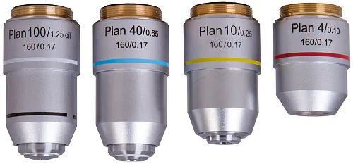 fotografía Juego de objetivos Plan acromáticos Levenhuk MED 900, con aumentos de 4x, 10x, 40xs, 100xs (aceite)