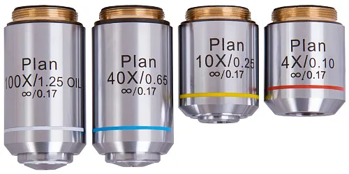foto Juego de objetivos Plan Levenhuk 1000, con aumentos de 4x, 10x, 40xs, 100xs (aceite)