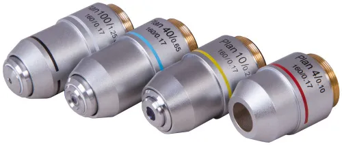 fotografía Juego de objetivos Plan acromáticos Levenhuk MED 900, con aumentos de 4x, 10x, 40xs, 100xs (aceite),  2