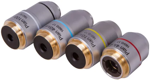 fotografía Juego de objetivos Plan acromáticos Levenhuk MED 900, con aumentos de 4x, 10x, 40xs, 100xs (aceite),  3